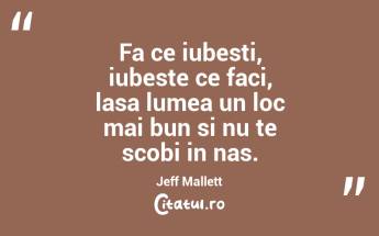 Fa ce iubesti, iubeste ce faci, lasa lumea un loc mai bun si nu te scobi in nas. Jeff Mallett...