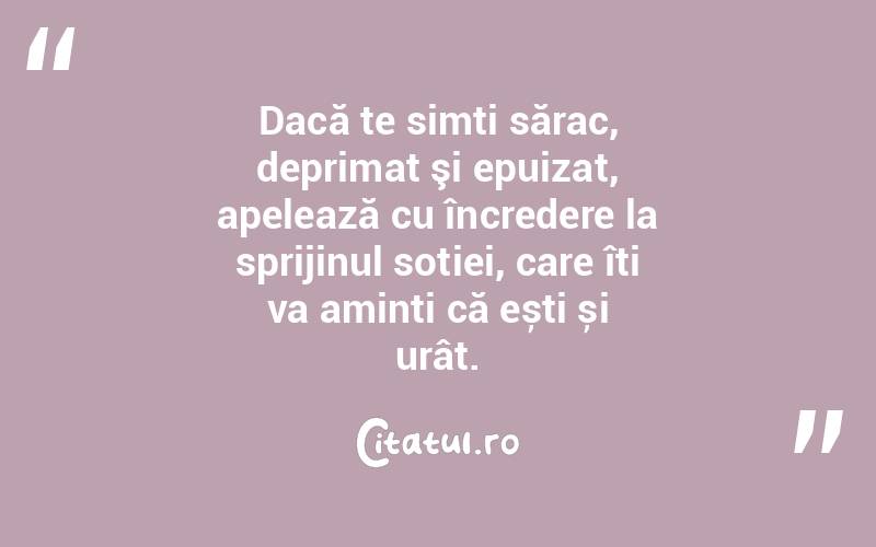 Dacă te simți sărac, deprimat şi epuizat, apelează cu încredere la sprijinul soției, care îți va aminti că ești și urât.