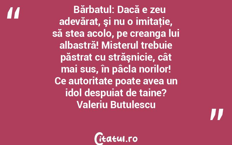    Bărbatul: Dacă e zeu adevărat, şi nu o imitaţie, să stea acolo, pe creanga lui albastră! Misterul trebuie păstrat cu străşnicie, cât mai sus, în pâcla norilor! Ce autoritate poate avea un idol despuiat de taine? Valeriu Butulescu