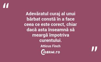Adevăratul curaj al unui bărbat constă în a face ceea ce este corect, chiar dacă asta înseamnă să meargă împotriva curentului. Atticus Finch...