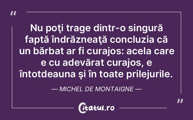 Nu poţi trage dintr-o singură faptă îndrăzneaţă concluzia că un bărbat ar fi curajos: acela care e cu adevărat curajos, e întotdeauna şi în toate prilejurile. Michel de Montaigne