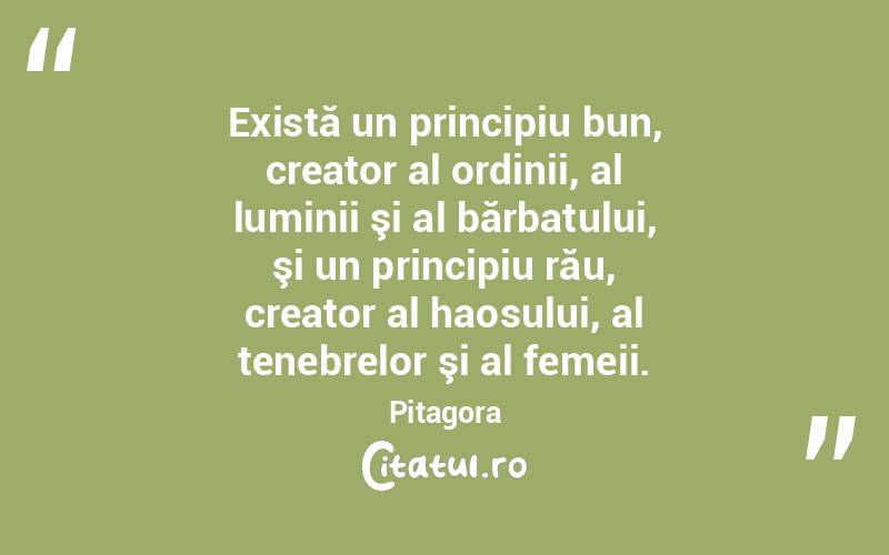 Există un principiu bun, creator al ordinii, al luminii şi al bărbatului, şi un principiu rău, creator al haosului, al tenebrelor şi al femeii. Pitagora