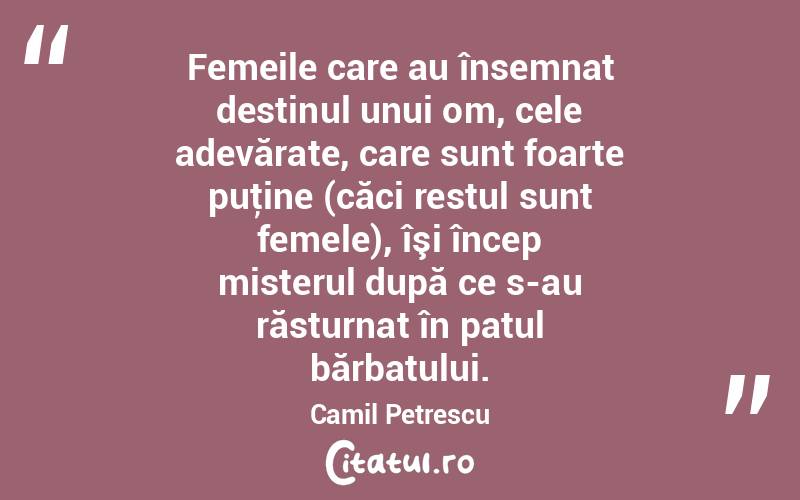  Femeile care au însemnat destinul unui om, cele adevărate, care sunt foarte puţine (căci restul sunt femele), îşi încep misterul după ce s-au răsturnat în patul bărbatului. Camil Petrescu