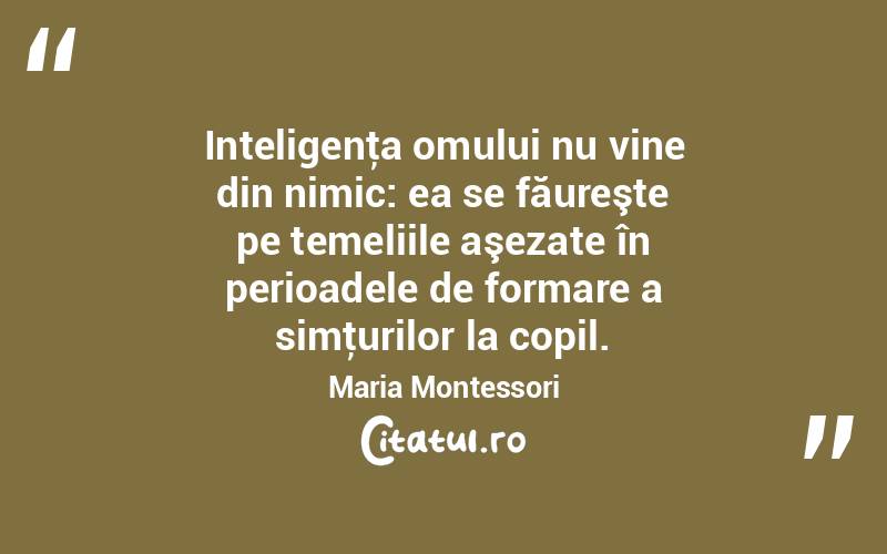 Inteligenţa omului nu vine din nimic: ea se făureşte pe temeliile aşezate în perioadele de formare a simţurilor la copil. Maria Montessori