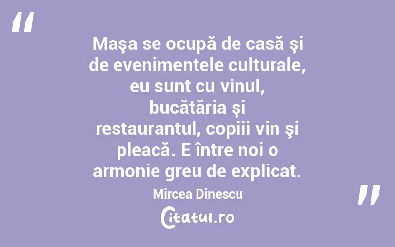  Maşa se ocupă de casă şi de evenimentele culturale, eu sunt cu vinul, bucătăria şi restaurantul, copiii vin şi pleacă. E între noi o armonie greu de explicat. Mircea Dinescu