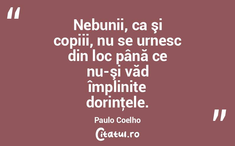  Nebunii, ca şi copiii, nu se urnesc din loc până ce nu-şi văd împlinite dorinţele. Paulo Coelho