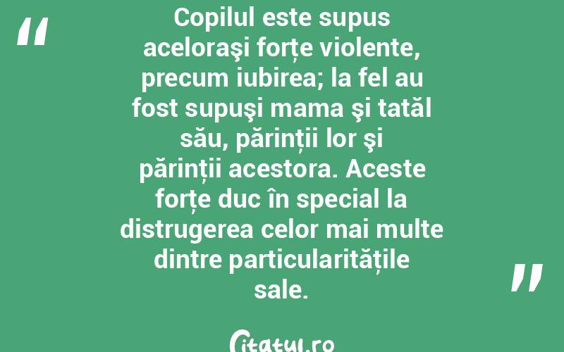 Copilul este supus aceloraşi forţe violente, precum iubirea; la fel au fost supuşi mama şi tatăl său, părinţii lor şi părinţii acestora. Aceste forţe duc în special la distrugerea celor mai multe dintre particularităţile sale.  