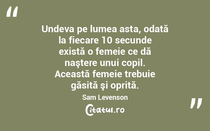 Undeva pe lumea asta, odată la fiecare 10 secunde există o femeie ce dă naştere unui copil. Această femeie trebuie găsită şi oprită. Sam Levenson