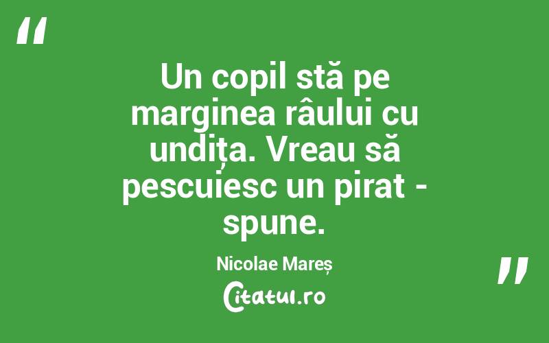 Un copil stă pe marginea râului cu undiţa. Vreau să pescuiesc un pirat - spune. Nicolae Mareș