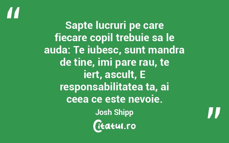 Sapte lucruri pe care fiecare copil trebuie sa le auda: Te iubesc, sunt mandra de tine, imi pare rau, te iert, ascult, E responsabilitatea ta, ai ceea ce este nevoie. Josh Shipp