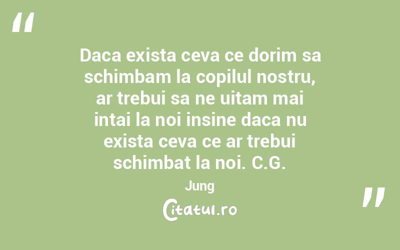 Daca exista ceva ce dorim sa schimbam la copilul nostru, ar trebui sa ne uitam mai intai la noi insine daca nu exista ceva ce ar trebui schimbat la noi. C.G. Jung