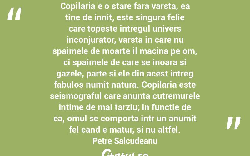 Copilaria e o stare fara varsta, ea tine de innit, este singura felie care topeste intregul univers inconjurator, varsta in care nu spaimele de moarte il macina pe om, ci spaimele de care se inoara si gazele, parte si ele din acest intreg fabulos numit natura. Copilaria este seismograful care anunta cutremurele intime de mai tarziu; in functie de ea, omul se comporta intr un anumit fel cand e matur, si nu altfel. Petre Salcudeanu