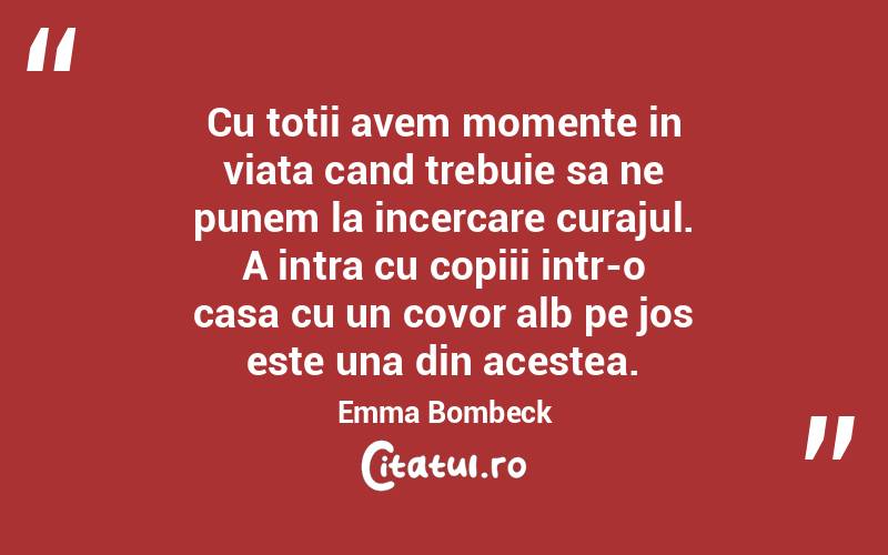 Cu totii avem momente in viata cand trebuie sa ne punem la incercare curajul. A intra cu copiii intr-o casa cu un covor alb pe jos este una din acestea. Emma Bombeck