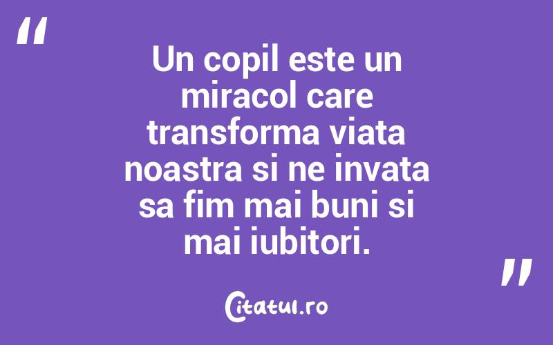 Un copil este un miracol care transforma viata noastra si ne invata sa fim mai buni si mai iubitori. 