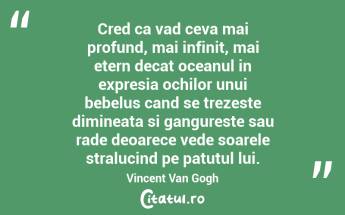 Cred ca vad ceva mai profund, mai infinit, mai etern decat oceanul in expresia ochilor unui bebelus cand se trezeste dimineata si gangureste sau rade deoarece vede soarele stralucind pe patutul lui. Vincent Van Gogh...