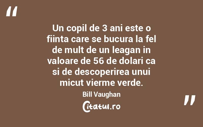 Un copil de 3 ani este o fiinta care se bucura la fel de mult de un leagan in valoare de 56 de dolari ca si de descoperirea unui micut vierme verde. Bill Vaughan