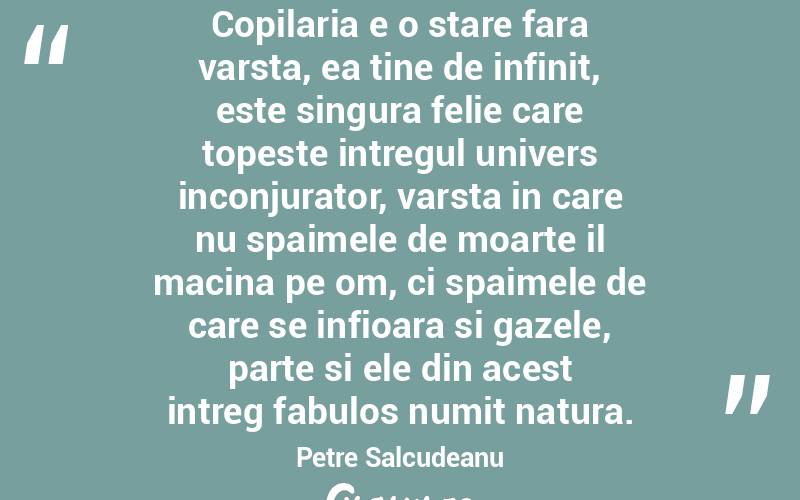 Copilaria e o stare fara varsta, ea tine de infinit, este singura felie care topeste intregul univers inconjurator, varsta in care nu spaimele de moarte il macina pe om, ci spaimele de care se infioara si gazele, parte si ele din acest intreg fabulos numit natura. Petre Salcudeanu