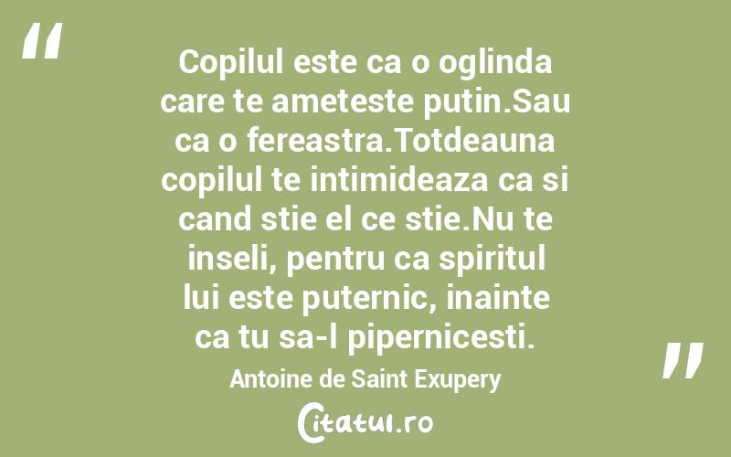 Copilul este ca o oglinda care te ameteste putin.Sau ca o fereastra.Totdeauna copilul te intimideaza ca si cand stie el ce stie.Nu te inseli, pentru ca spiritul lui este puternic, inainte ca tu sa-l pipernicesti. Antoine de Saint Exupery