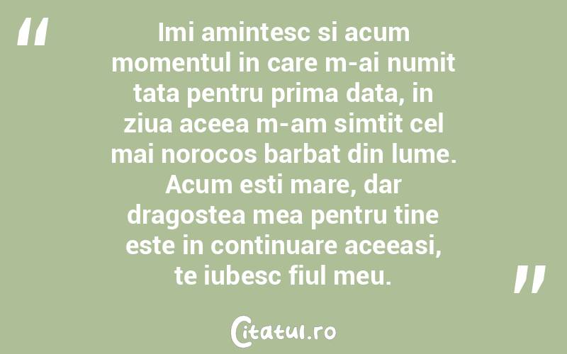 Imi amintesc si acum momentul in care m-ai numit tata pentru prima data, in ziua aceea m-am simtit cel mai norocos barbat din lume. Acum esti mare, dar dragostea mea pentru tine este in continuare aceeasi, te iubesc fiul meu.  