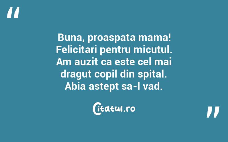 Buna, proaspata mama! Felicitari pentru micutul. Am auzit ca este cel mai dragut copil din spital. Abia astept sa-l vad. 