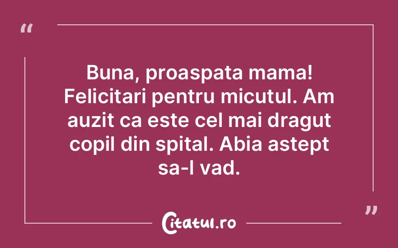 Buna, proaspata mama! Felicitari pentru micutul. Am auzit ca este cel mai dragut copil din spital. Abia astept sa-l vad.