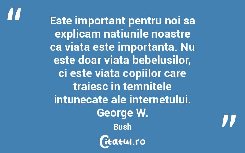 Este important pentru noi sa explicam natiunile noastre ca viata este importanta. Nu este doar viata bebelusilor, ci este viata copiilor care traiesc in temnitele intunecate ale internetului. George W. Bush