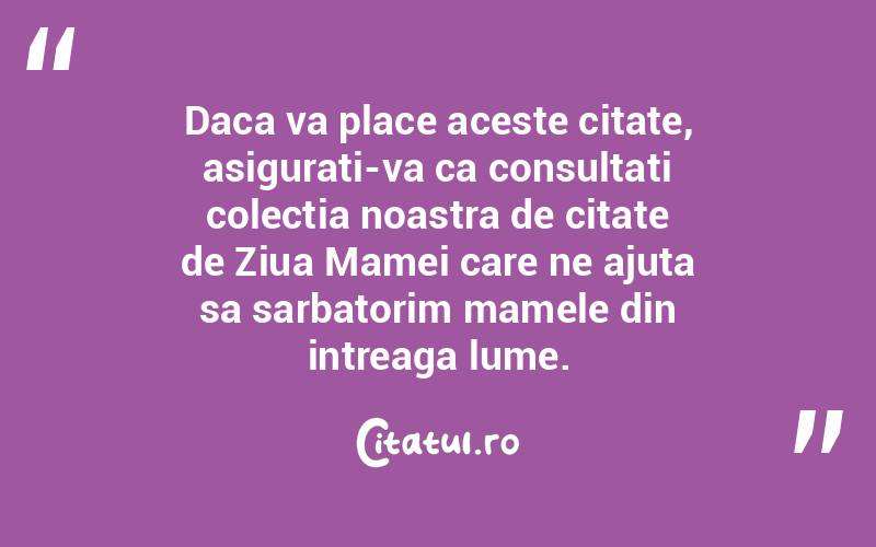 Daca va place aceste citate, asigurati-va ca consultati colectia noastra de citate de Ziua Mamei care ne ajuta sa sarbatorim mamele din intreaga lume. 