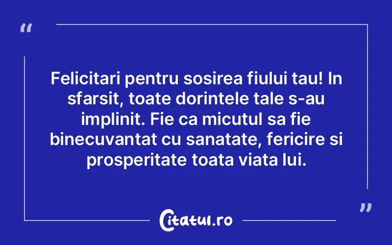 Felicitari pentru sosirea fiului tau! In sfarsit, toate dorintele tale s-au implinit. Fie ca micutul sa fie binecuvantat cu sanatate, fericire si prosperitate toata viata lui.