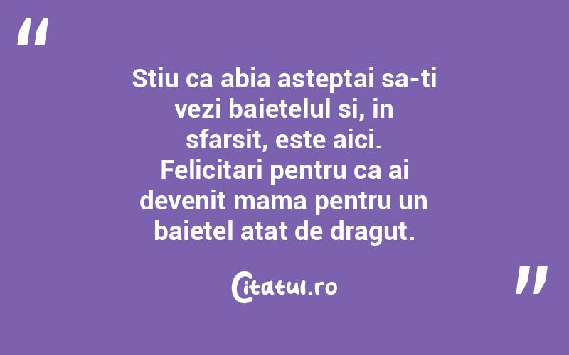 Stiu ca abia asteptai sa-ti vezi baietelul si, in sfarsit, este aici. Felicitari pentru ca ai devenit mama pentru un baietel atat de dragut. 