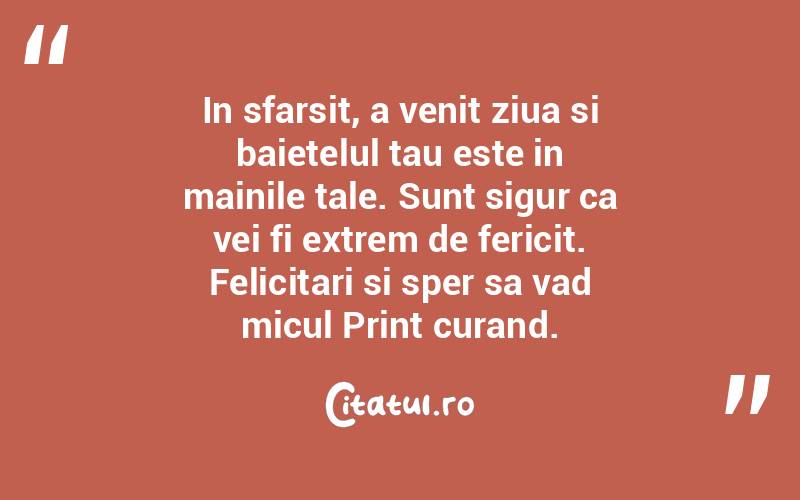 In sfarsit, a venit ziua si baietelul tau este in mainile tale. Sunt sigur ca vei fi extrem de fericit. Felicitari si sper sa vad micul Print curand. 