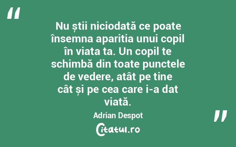 Nu știi niciodată ce poate însemna apariția unui copil în viața ta. Un copil te schimbă din toate punctele de vedere, atât pe tine cât și pe cea care i-a dat viață. Adrian Despot