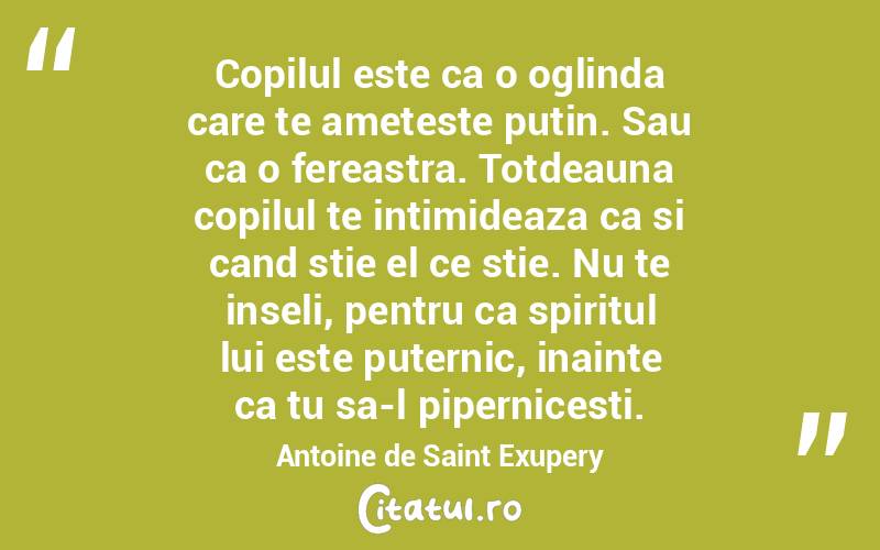 Copilul este ca o oglinda care te ameteste putin. Sau ca o fereastra. Totdeauna copilul te intimideaza ca si cand stie el ce stie. Nu te inseli, pentru ca spiritul lui este puternic, inainte ca tu sa-l pipernicesti.  Antoine de Saint Exupery