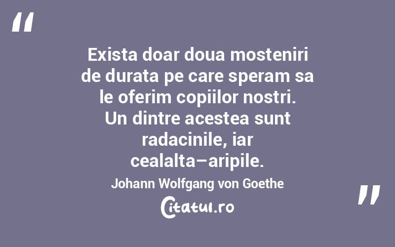 Exista doar doua mosteniri de durata pe care speram sa le oferim copiilor nostri. Un dintre acestea sunt radacinile, iar cealalta–aripile. Johann Wolfgang von Goethe
