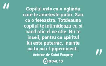 Copilul este ca o oglinda care te ameteste putin. Sau ca o fereastra. Totdeauna copilul te intimideaza ca si cand stie el ce stie. Nu te inseli, pentru ca spiritul lui este puternic, inainte ca tu sa i-l pipernicesti. Antoine de Saint Exupery...