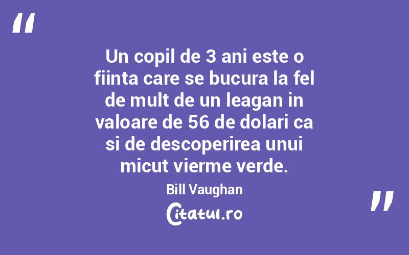 Un copil de 3 ani este o fiinta care se bucura la fel de mult de un leagan in valoare de 56 de dolari ca si de descoperirea unui micut vierme verde. Bill Vaughan