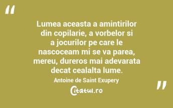 Lumea aceasta a amintirilor din copilarie, a vorbelor si a jocurilor pe care le nascoceam mi se va parea, mereu, dureros mai adevarata decat cealalta lume.  Antoine de Saint Exupery...
