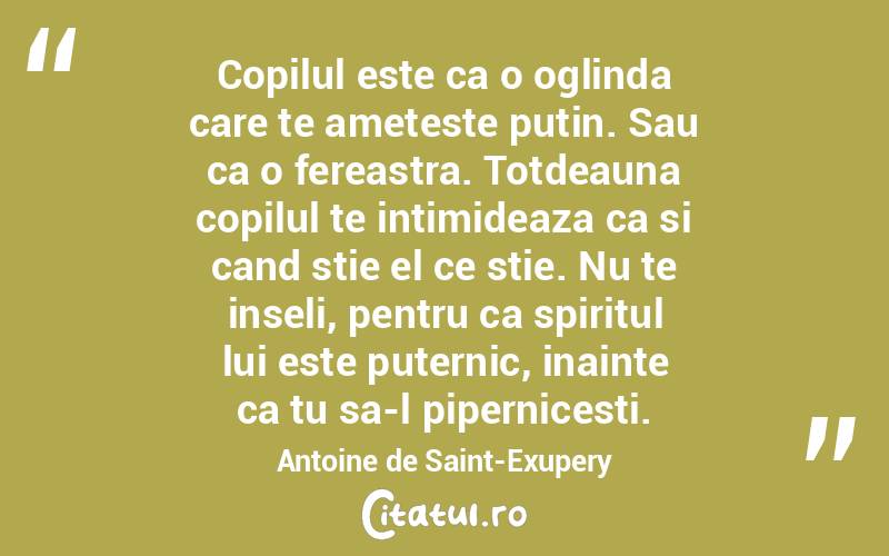 Copilul este ca o oglinda care te ameteste putin. Sau ca o fereastra. Totdeauna copilul te intimideaza ca si cand stie el ce stie. Nu te inseli, pentru ca spiritul lui este puternic, inainte ca tu sa-l pipernicesti. Antoine de Saint-Exupery