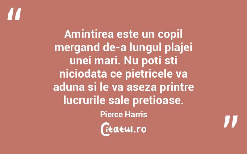 Amintirea este un copil mergand de-a lungul plajei unei mari. Nu poti sti niciodata ce pietricele va aduna si le va aseza printre lucrurile sale pretioase. Pierce Harris