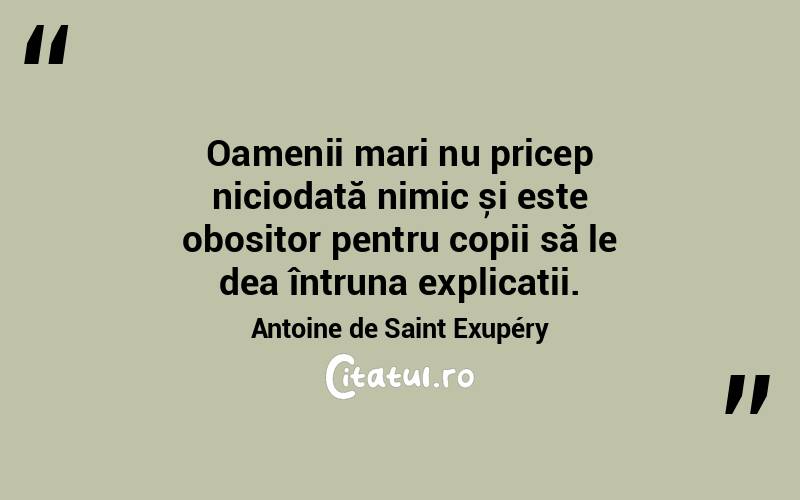 Oamenii mari nu pricep niciodată nimic și este obositor pentru copii să le dea întruna explicații. Antoine de Saint Exupéry