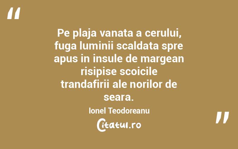 Pe plaja vanata a cerului, fuga luminii scaldata spre apus in insule de margean risipise scoicile trandafirii ale norilor de seara. Ionel Teodoreanu