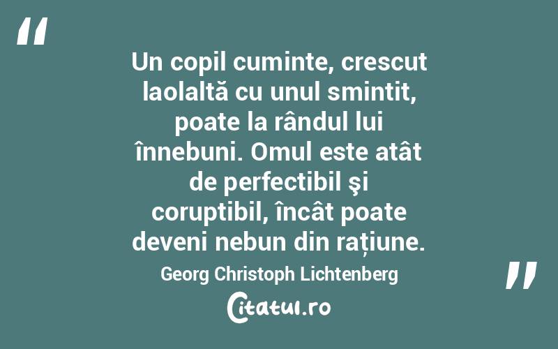 Un copil cuminte, crescut laolaltă cu unul smintit, poate la rândul lui înnebuni. Omul este atât de perfectibil şi coruptibil, încât poate deveni nebun din raţiune. Georg Christoph Lichtenberg