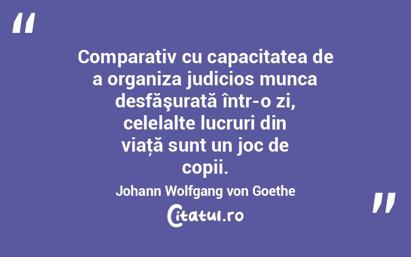Comparativ cu capacitatea de a organiza judicios munca desfăşurată într-o zi, celelalte lucruri din viaţă sunt un joc de copii. Johann Wolfgang von Goethe
