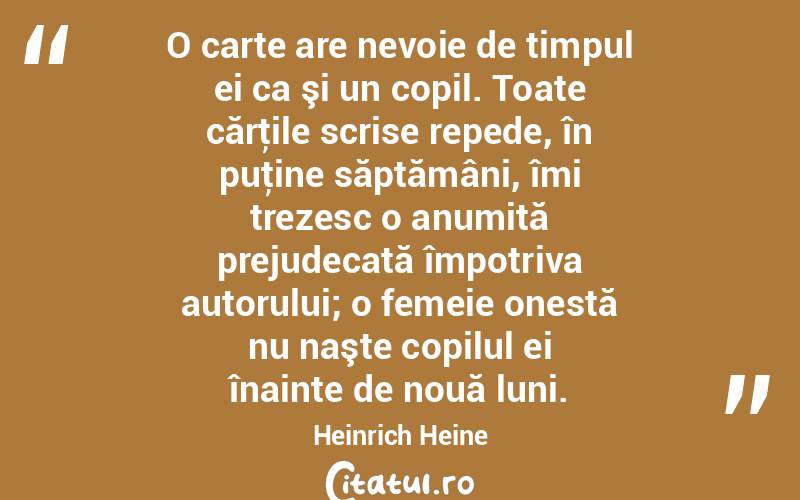 O carte are nevoie de timpul ei ca şi un copil. Toate cărţile scrise repede, în puţine săptămâni, îmi trezesc o anumită prejudecată împotriva autorului; o femeie onestă nu naşte copilul ei înainte de nouă luni. Heinrich Heine