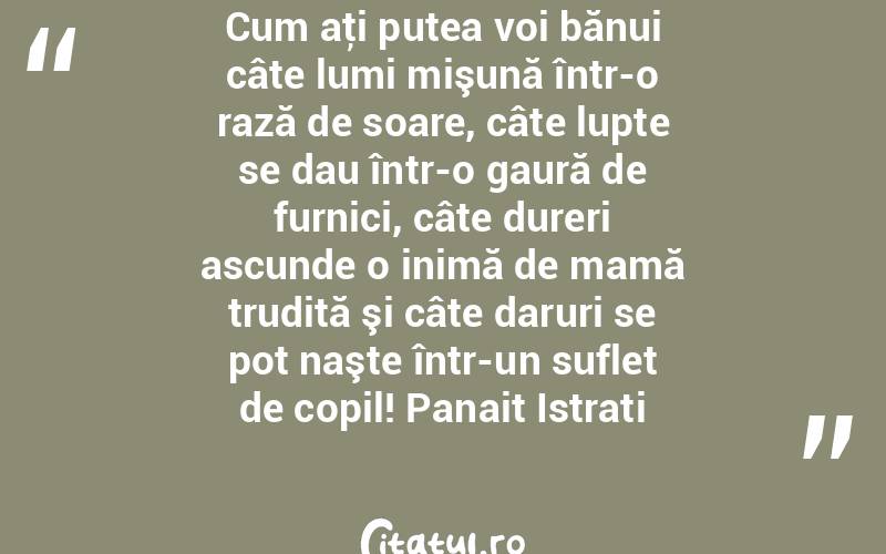 Cum aţi putea voi bănui câte lumi mişună într-o rază de soare, câte lupte se dau într-o gaură de furnici, câte dureri ascunde o inimă de mamă trudită şi câte daruri se pot naşte într-un suflet de copil! Panait Istrati