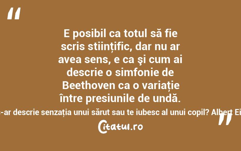  E posibil ca totul să fie scris stiinţific, dar nu ar avea sens, e ca şi cum ai descrie o simfonie de Beethoven ca o variaţie între presiunile de undă. Cum s-ar descrie senzaţia unui sărut sau te iubesc al unui copil? Albert Einstein