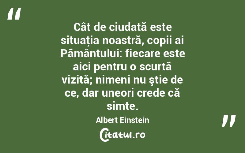 Cât de ciudată este situaţia noastră, copii ai Pământului: fiecare este aici pentru o scurtă vizită; nimeni nu ştie de ce, dar uneori crede că simte. Albert Einstein