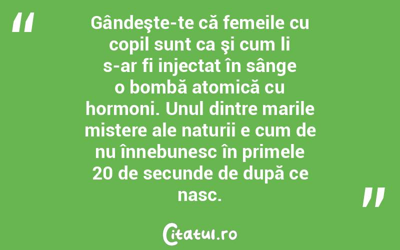 Gândeşte-te că femeile cu copil sunt ca şi cum li s-ar fi injectat în sânge o bombă atomică cu hormoni. Unul dintre marile mistere ale naturii e cum de nu înnebunesc în primele 20 de secunde de după ce nasc.  
