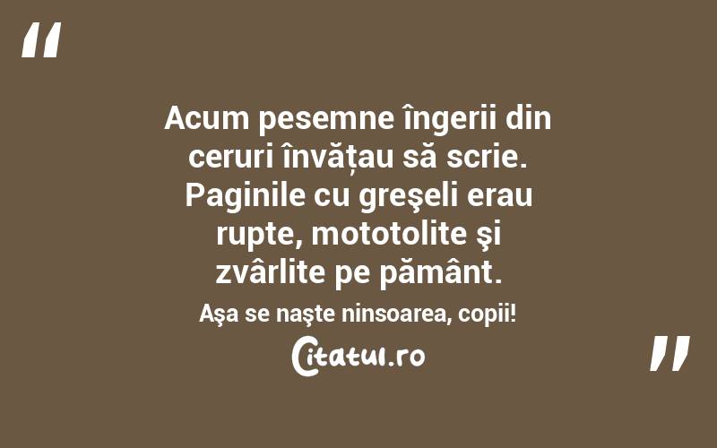  Acum pesemne îngerii din ceruri învăţau să scrie. Paginile cu greşeli erau rupte, mototolite şi zvârlite pe pământ. Aşa se naşte ninsoarea, copii!  