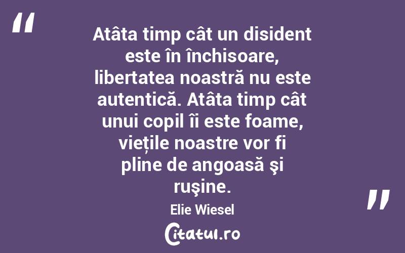  Atâta timp cât un disident este în închisoare, libertatea noastră nu este autentică. Atâta timp cât unui copil îi este foame, vieţile noastre vor fi pline de angoasă şi ruşine. Elie Wiesel
