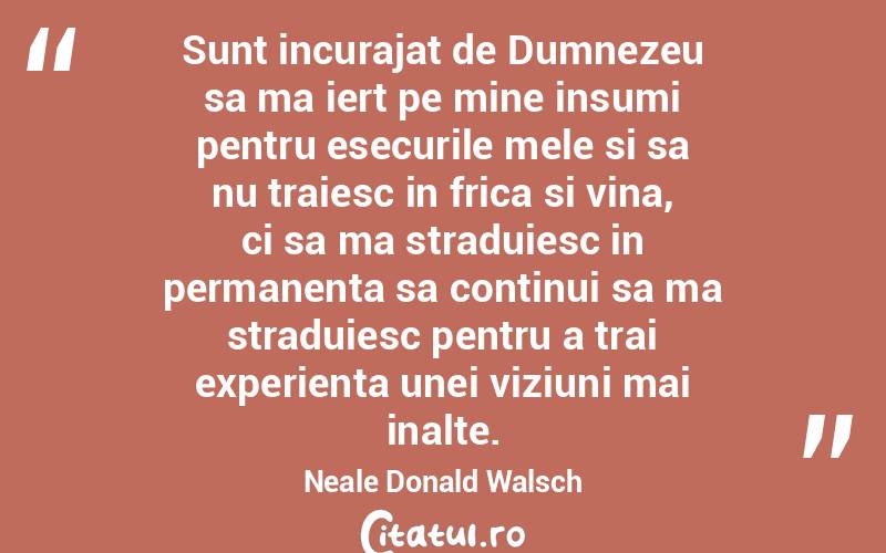 Sunt incurajat de Dumnezeu sa ma iert pe mine insumi pentru esecurile mele si sa nu traiesc in frica si vina, ci sa ma straduiesc in permanenta sa continui sa ma straduiesc pentru a trai experienta unei viziuni mai inalte. Neale Donald Walsch